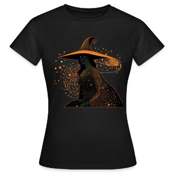 Hexen-Silhouettenprofil mit orangefarbener Umrandung, - Frauen T-Shirt - Schwarz - Vorne - AI Model Female 172 dark (172cm)