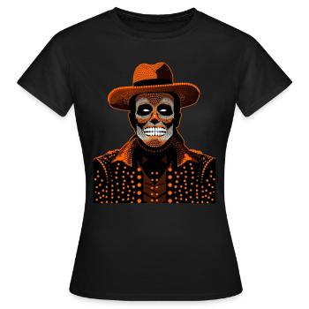 Ein Mann mit Skelettgesicht, der einen Hut und einen schicken Mantel trägt - Frauen T-Shirt - Schwarz - Vorne - AI Model Female 172 dark (172cm)