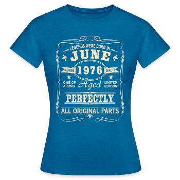 Millésime Juin 1976 Anniversaire - T-shirt Femme - bleu saphir antique chiné - Devant - AI Model Female 172 dark (172cm)