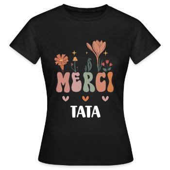 merci tata fleurs bohème cadeau tante - T-shirt Femme - noir - Devant - AI Model Female 172 dark (172cm)