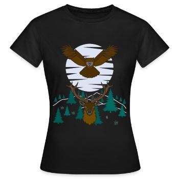Rothirsch Eulen Vogel Tier Motiv - Frauen T-Shirt - Schwarz - Vorne - AI Model Female 172 dark (172cm)