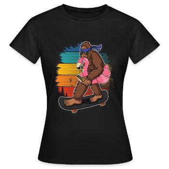 Flamingo Squatch Skateboard Flamingo-liebhaber - Frauen T-Shirt - Schwarz - Vorne - AI Model Female 172 dark (172cm)