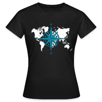 Windrose oder Kompassrose mit weißer Weltkarte - Frauen T-Shirt - Schwarz - Vorne - AI Model Female 172 dark (172cm)