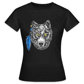 Loup gris avec des yeux et une boucle d’oreille jaunes - T-shirt Femme - noir - Devant - AI Model Female 172 dark (172cm)