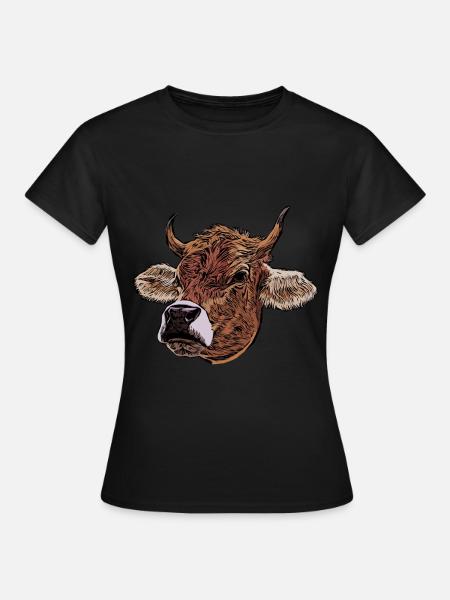 Kuh Bauer Kuhmotiv Tiergesicht Tier Motiv Aufdruck - Frauen T-Shirt - Schwarz