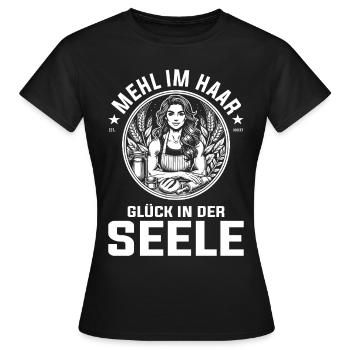 Mehl im Haar, Glück in der Seele - Backen Design - Frauen T-Shirt - Schwarz - Vorne - AI Model Female 172 dark (172cm)