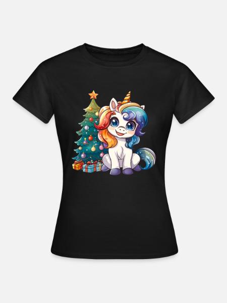 Einhorn Weihnachtsbaum Kawaii - Frauen T-Shirt - Schwarz
