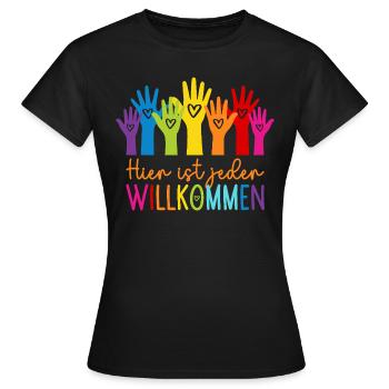 Hier ist jeder willkommen - Frauen T-Shirt - Schwarz - Vorne - AI Model Female 172 dark (172cm)