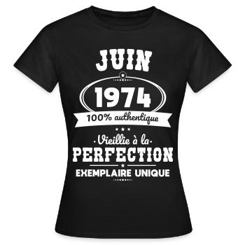 Anniversaire 50 ans - Juin 1974 Perfection - T-shirt Femme - noir - Devant - AI Model Female 172 dark (172cm)