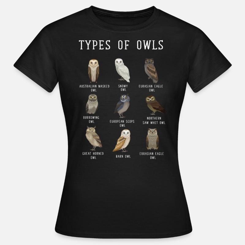 Eulentypen, Eule, Eulen, Schneeeule, Barn Owl - Frauen T-Shirt - Schwarz