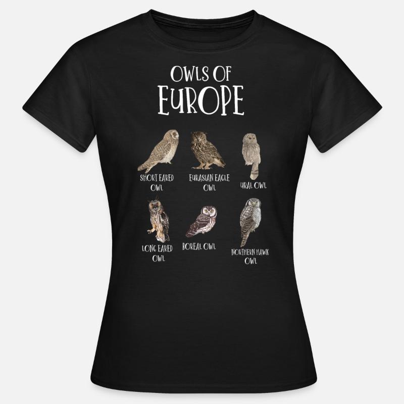 Eulenarten, Eulen & Kauze, Eule Fan - Frauen T-Shirt - Schwarz