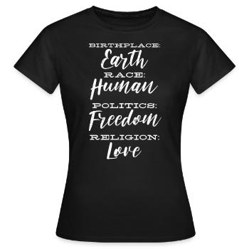 Lieu de naissance Terre, Race Religion politique humaine - T-shirt Femme - noir - Devant - AI Model Female 172 dark (172cm)