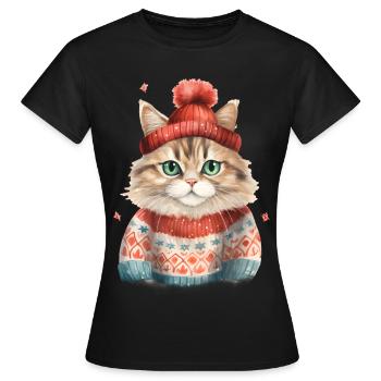 Winterkatze im Strickpullover - Frauen T-Shirt - Schwarz - Vorne - AI Model Female 172 dark (172cm)