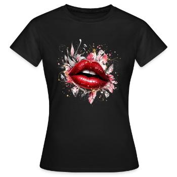 Red lips with diamonds and flowers - Women's T-Shirt - black - Front - AI Model Female 172 dark (172cm)