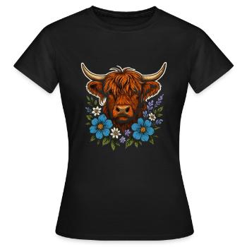 Vache des Highlands avec couronne de fleurs – Style de vie à la campagne - T-shirt Femme - noir - Devant - AI Model Female 172 dark (172cm)