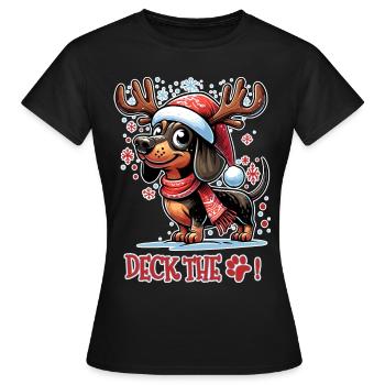 Deck the Paws, Festive Dachshund in Reindeer - Women's T-Shirt - black - Front - AI Model Female 172 dark (172cm)