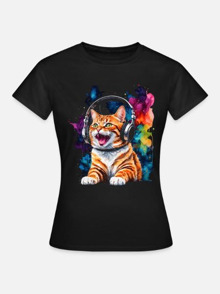 Katze Kopfhörer Bunt Lustig Tier Design Print - Dame-T-shirt - sort