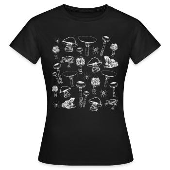 White Magic Mushrooms & Frogs - Women's T-Shirt - black - Front - AI Model Female 172 dark (172cm)