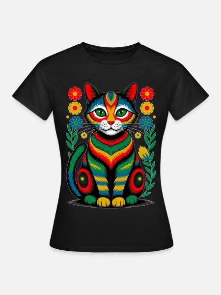 Folk Katze – Bunte Seele der Natur - Frauen T-Shirt - Schwarz