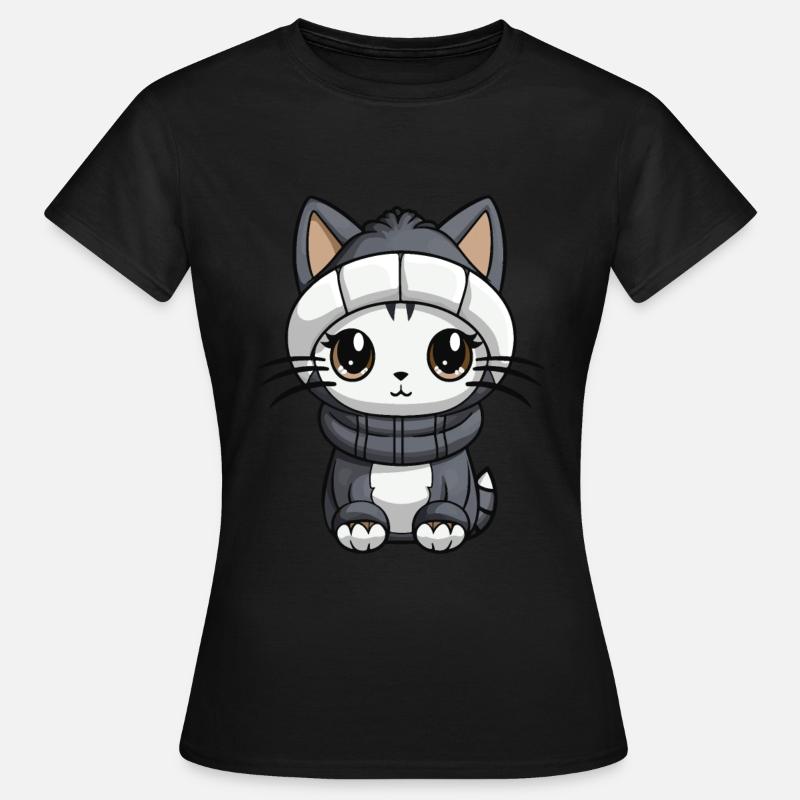 Katze Winter Tier Niedlich Comic - Frauen T-Shirt - Schwarz
