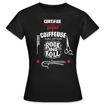 t- shirt coiffeuse certifiée option musique - T-shirt Femme - noir - Devant - AI Model Female 172 dark (172cm)