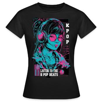 K-Pop Korea Popmusik Mädchen Kopfhörer Neon Pink - Frauen T-Shirt - Schwarz - Vorne - AI Model Female 172 dark (172cm)