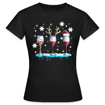 Rotwein Weinglas mir Geweih und Schnee Weihnachten - Frauen T-Shirt - Schwarz - Vorne - AI Model Female 172 dark (172cm)