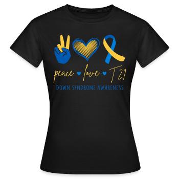 Peace Love T21 - Down-Syndrom Bewusstsein II - Frauen T-Shirt - Schwarz - Vorne - AI Model Female 172 dark (172cm)