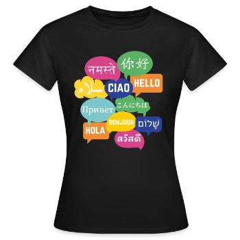 Conception colorée de bulle de discours "Bonjour", de nombreuses langues - T-shirt Femme - noir - Devant - AI Model Female 172 dark (172cm)