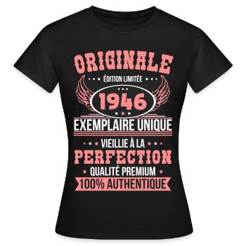 1946 – Exemplaire unique – Qualité premium - T-shirt Femme - noir - Devant - AI Model Female 172 dark (172cm)