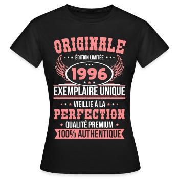 1996 – Einzigartiges Exemplar – Premiumqualität - Frauen T-Shirt - Schwarz - Vorne - AI Model Female 172 dark (172cm)