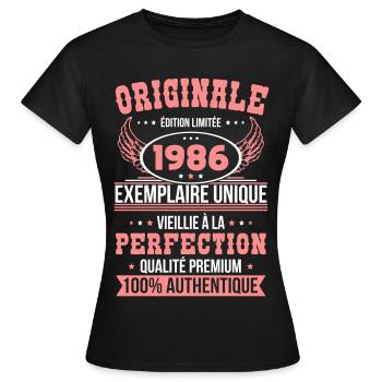 1986 – Einzigartiges Exemplar – Premiumqualität - Frauen T-Shirt - Schwarz - Vorne - AI Model Female 172 dark (172cm)