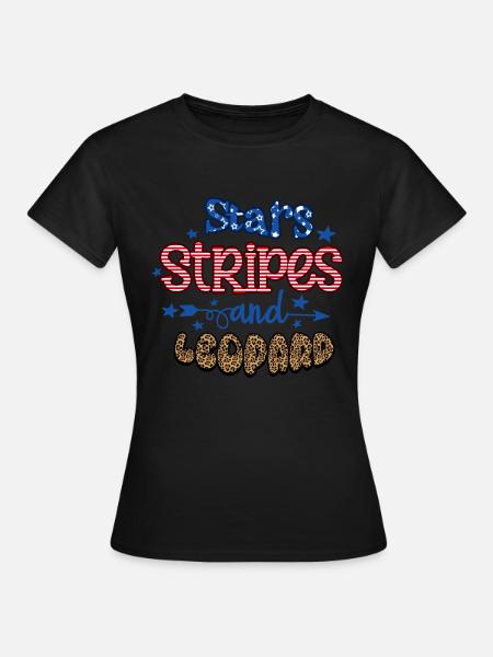 Stars Stripes and Leopard Happy 4th of July - Women's T-Shirt - black