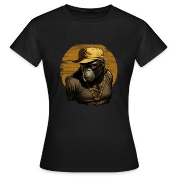 Le rappeur Gorilla en chaîne et casquette en or - T-shirt Femme - noir - Devant - AI Model Female 172 dark (172cm)
