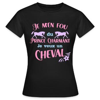 Je M'en Fou Du Prince Charmant Cadeau Cavalières - T-shirt Femme - noir - Devant - AI Model Female 172 dark (172cm)