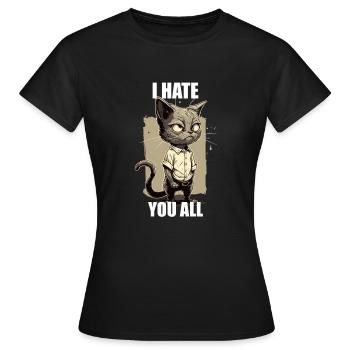 Grummelige Katze, T-Shirt Desing, Cartoonstyle, - Frauen T-Shirt - Schwarz - Vorne - AI Model Female 172 dark (172cm)