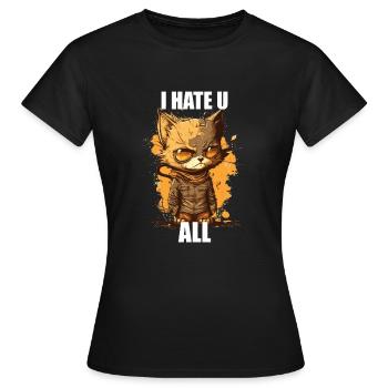 Grummelige Katze, T-Shirt Desing, Cartoonstyle, - Frauen T-Shirt - Schwarz - Vorne - AI Model Female 172 dark (172cm)