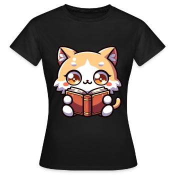 Katze liest Buch Kätzchen Bodysuit Druck - Frauen T-Shirt - Schwarz - Vorne - AI Model Female 172 dark (172cm)