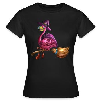 Rosa Hexen Flamingo Halloween Vogel Besen Kostüm - Frauen T-Shirt - Schwarz - Vorne - AI Model Female 172 dark (172cm)