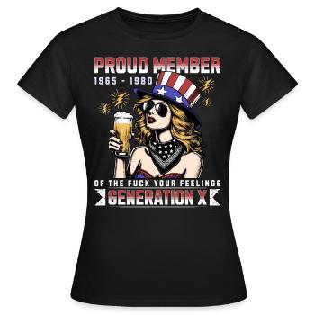 Woman USA Humor Generation X - Women's T-Shirt - black - Front - AI Model Female 172 dark (172cm)