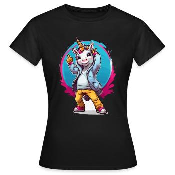 Jugendliches Einhorn mit Hoodie - Frauen T-Shirt - Schwarz - Vorne - AI Model Female 172 dark (172cm)