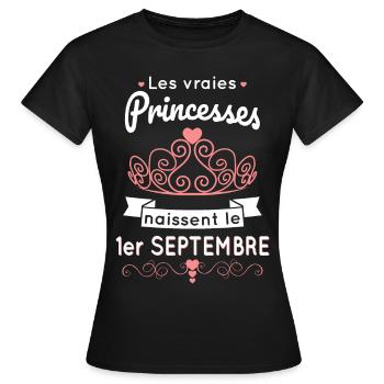 Anniversaire - Princesses naissent 1er Septembre - T-shirt Femme - noir - Devant - AI Model Female 172 dark (172cm)