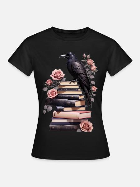Bücherstapel mit Rabe - Frauen T-Shirt - Schwarz