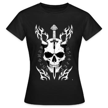 Schädel mit Schwert und Flammen mit Schutzsymbol - Frauen T-Shirt - Schwarz - Vorne - AI Model Female 172 dark (172cm)