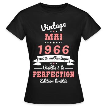 Anniversaire 60 ans - Vintage - Mai 1966 - T-shirt Femme - noir - Devant - AI Model Female 172 dark (172cm)