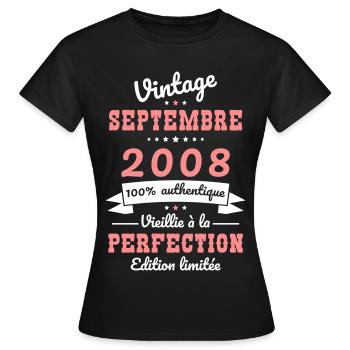 Anniversaire 18 ans - Vintage - Septembre 2008 - T-shirt Femme - noir - Devant - AI Model Female 172 dark (172cm)