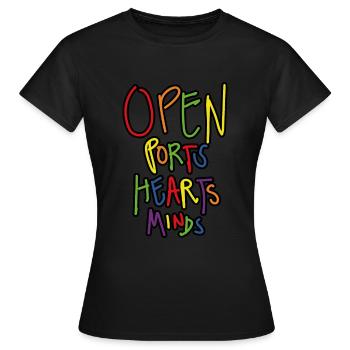 Open Ports Hearts and Minds - Frauen T-Shirt - Schwarz - Vorne - AI Model Female 172 dark (172cm)