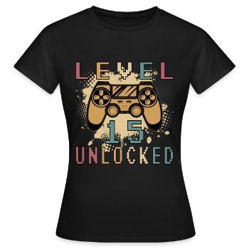 15 Geburtstag Geschenk Level 15 Unlocked - Frauen T-Shirt - Schwarz - Vorne - AI Model Female 172 dark (172cm)