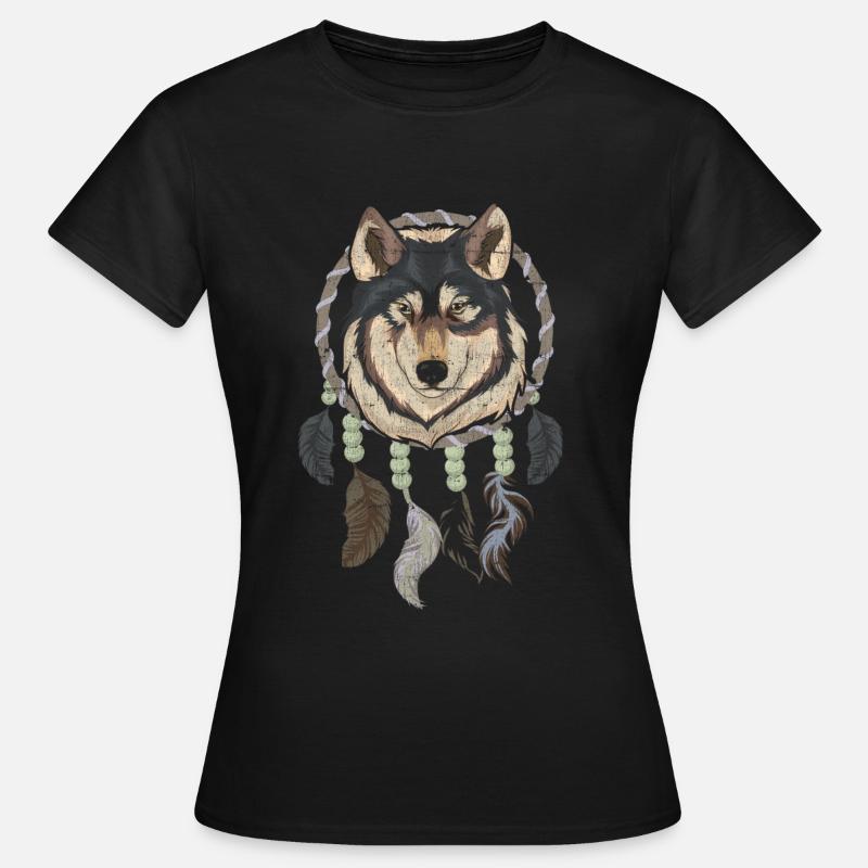 Indianer Federn Boho Traumfänger Wolf - Frauen T-Shirt - Schwarz