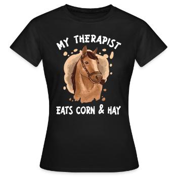 My Therapist Eats Corn & Hay Reiter Reiterin Pferd - Frauen T-Shirt - Schwarz - Vorne - AI Model Female 172 dark (172cm)